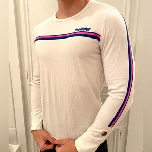 Hollister Men’s White Long Sleeve with Pink & Blue Pattern